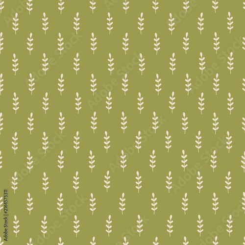 Seamless botanical pattern with simple cream leafy sprigs arranged on an olive green background. Minimal nature inspired design in warm earthy colors for textiles, wallpaper and wrapping paper.