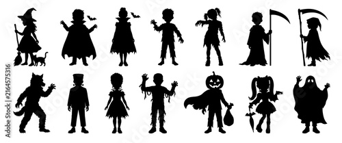 Kids Halloween monsters silhouettes set. Witch, zombie, vampire, werewolf and other characters. Cartoon flat illustrations.