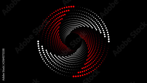 Abstract red and white dotted circular spiral pattern on black background
