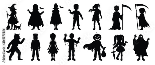 Kids Halloween monsters silhouettes set. Witch, zombie, vampire, werewolf and other characters. Cartoon flat vector illustrations.