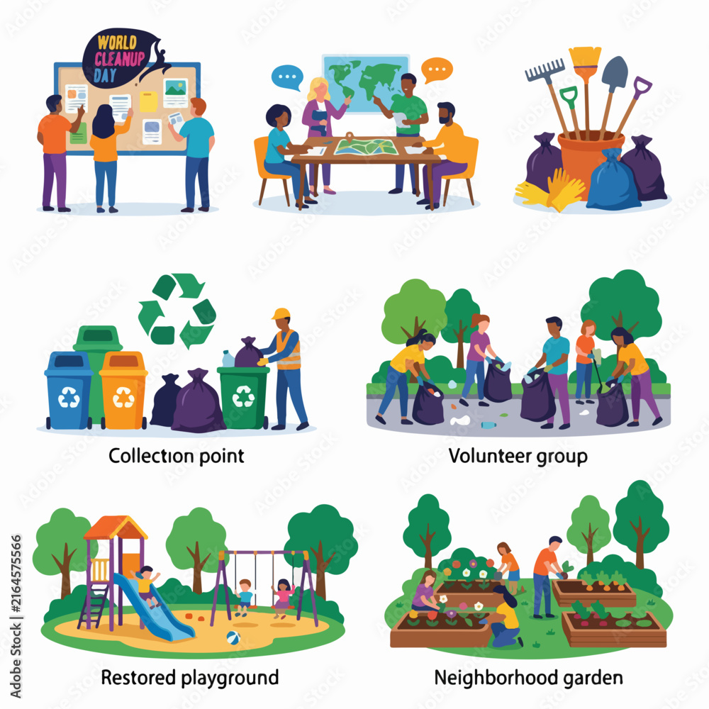 Fototapeta premium Volunteer group cleaning park and recycling waste in community environmental vector set