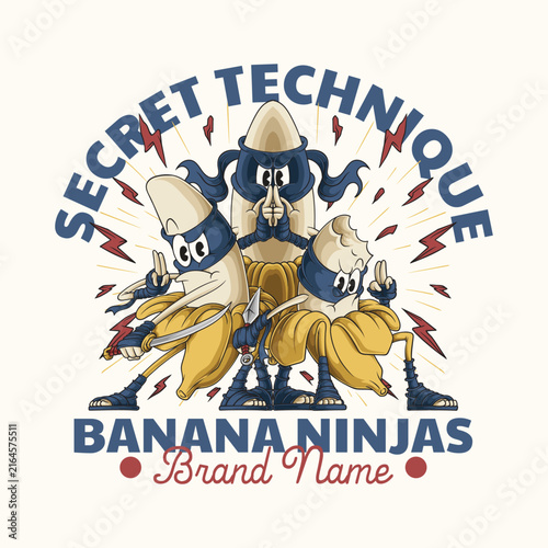 Funny Banana Ninja Warriors Retro Cartoon Illustration