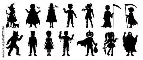 Kids Halloween monsters silhouettes set. Witch, zombie, vampire, werewolf and other characters. Cartoon flat vector illustrations.