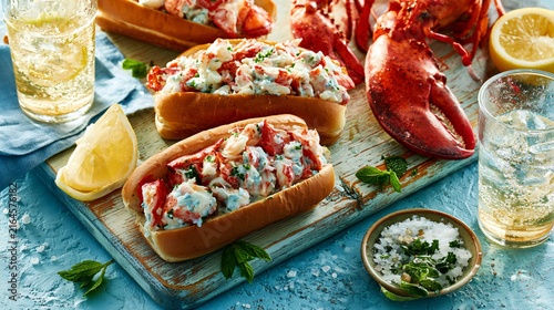 Bright composition on pale blue plaster creating refreshing coastal advertising aesthetics centered around lobster rolls