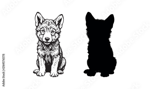 Cute wolf cub puppy set detailed line art and black silhouette vector illustration.