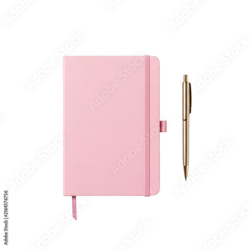 Pink notebook with pen on white background