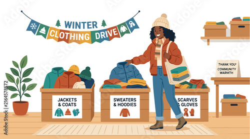 A woman volunteering at a community winter clothing drive.