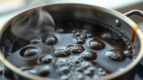 Dark caramel syrup boiling in metal pot, viscous bubbles rising.