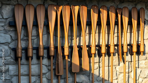 Ancient, weathered wooden oars mounted symmetrically on a stone wall, creating strong order.