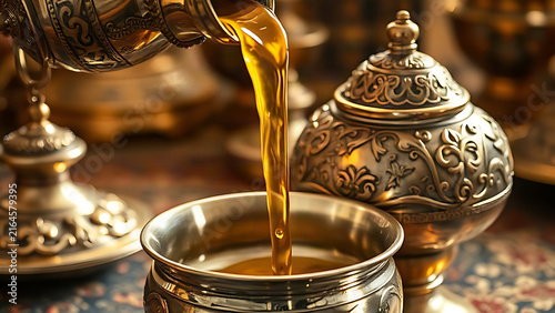 Golden oil pouring from ornate silver vessel into container, ceremonial atmosphere.
