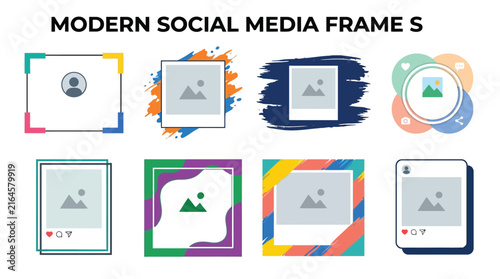 Modern social media frames, colorful photo placeholder collection, creative digital profile borders, vector set of 8 graphic frames