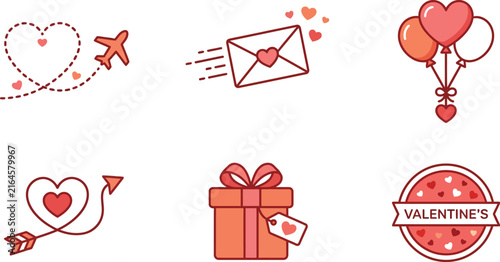 Valentine's Day romantic icon set, pink and red love symbols, 6 vector elements for wedding and anniversary cards