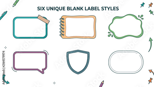 Hand-drawn blank label styles, set of six unique frames and borders, colorful doodle text boxes for notes and planners