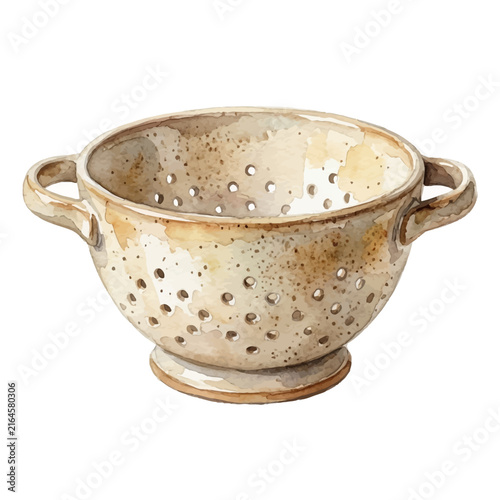 Handmade ceramic colander with rustic speckled glaze, earthenware kitchen strainer isolated on white background