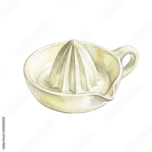 Hand-painted watercolor illustration of a classic ceramic lemon squeezer isolated on white background