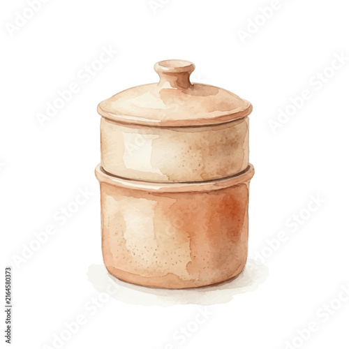 Hand-painted watercolor ceramic storage pot with lid, rustic vintage kitchenware illustration isolated on white background
