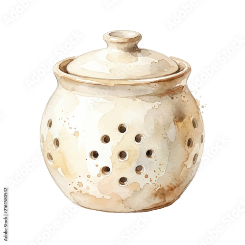 Watercolor Illustration of a Traditional Handcrafted Ceramic Garlic Keeper Jar with Air Ventilation Holes for Fresh Kitchen Food Storage