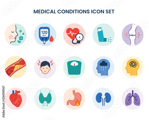 Foto Set of flat medical condition icons featuring allergies, diabetes, hypertension,