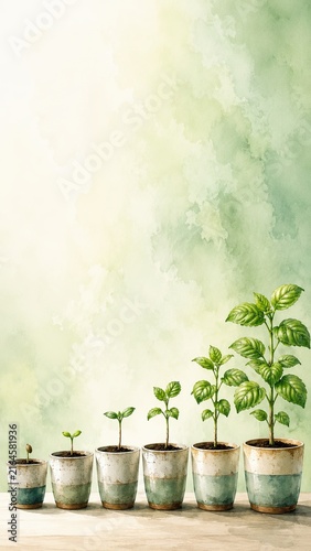 Small Steps Every Day Shown by Gradual Plant Growth Stages ,Growth Stages of Green Mint Plants in Decorative Pots Display