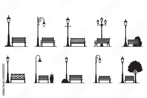 Set of black park bench and street lamp silhouettes
