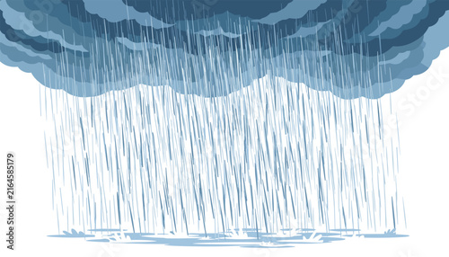 Dramatic dark blue storm cloud pouring a heavy diagonal rain shower over a clean white background in a flat cartoon style.