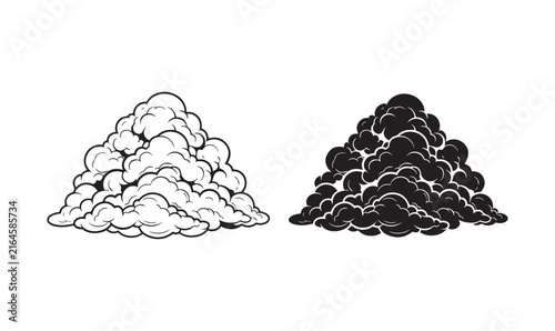 Fluffy cumulus storm cloud set monochrome vector outline and silhouette illustration.