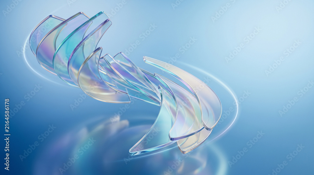 Obraz premium Abstract Futuristic Glassmorphism 3D Curved Panels with Rainbow Iridescent Dispersion on Blue Background