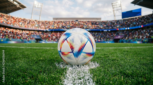 Soccer Ball on Green Grass Line in Packed Stadium Arena Before Match