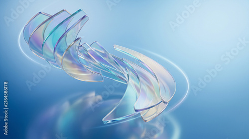 Abstract Futuristic Glassmorphism 3D Curved Panels with Rainbow Iridescent Dispersion on Blue Background