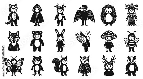 Collection of flat vector children in animal costumes silhouette icons representing forest creatures and woodland fairy tale characters