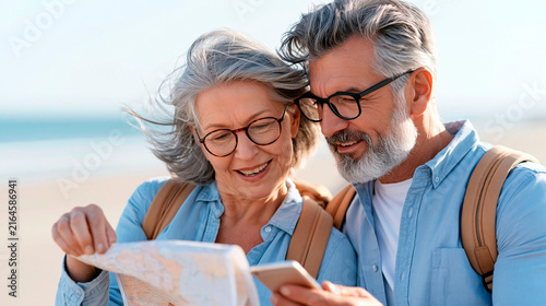 Happy senior couple wearing glasses and backpacks using a map and smartphone while traveling together near the coast