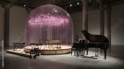 creating cinematic soundtracks within a giant transparent sphere of flowing light and digital instruments, ultra detailed rendering