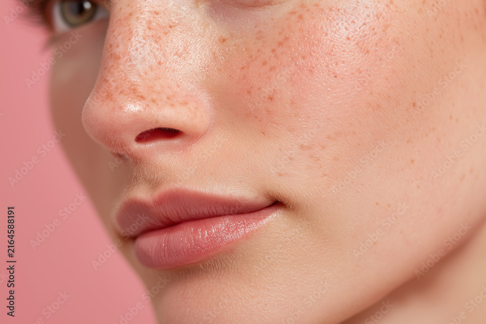 Naklejka premium Close up cheek delicate skin texture subtle shine and natural freckles on warm pink background, soft lighting highlights smooth pores and hydrated lips