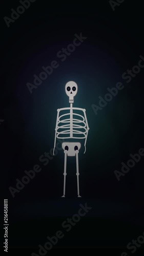 Dramatic Skeleton Prop Standing in Fog with Pulsing Purple and Green Light