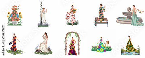 Set of elegant women illustrations in floral dresses and garden settings, featuring diverse floral themes and artistic styles on a white background.
