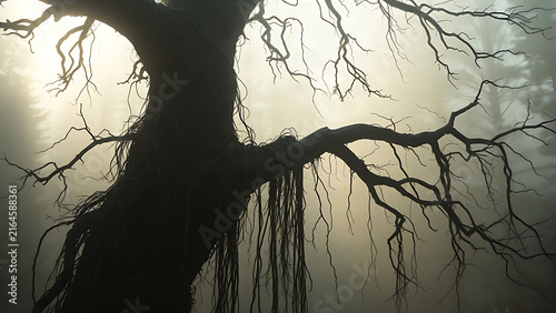 A dead tree wrapped by vines in a misty forest with dramatic lighting.