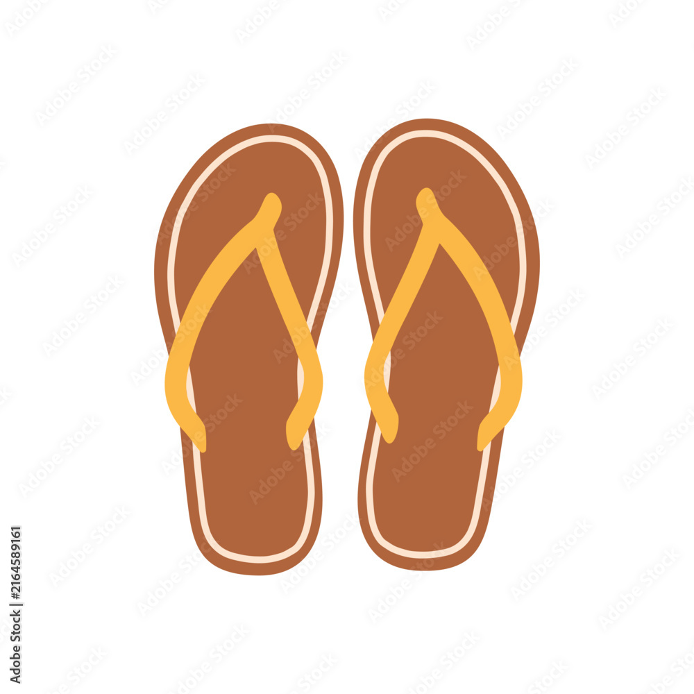 Fototapeta premium Classic brown flip flops with yellow thong strap vector illustration. Flat summer beach sandals graphic element for vacation designs, poolside graphics, travel posters, and stickers