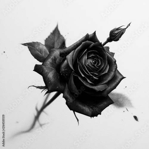 dark feminine rose in a gothic pencil sketch style, featuring delicate petals, dramatic shading, and an elegant mysterious atmosphere.