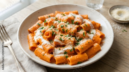 Rigatoni pasta dish with creamy tomato sauce and grated parmesan cheese italian food hot food