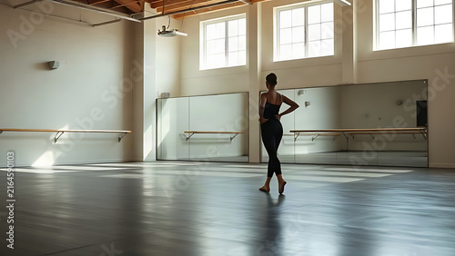 A lone figure practices in an empty dance hall before a large mirror in morning light.
