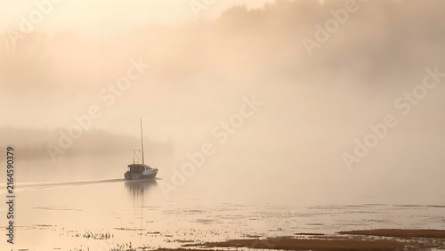 Solitary boat moving through mist-covered river, reed beds along the banks, atmospheric fog, serene landscape.