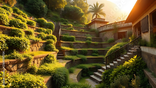 A lush terraced garden with overflowing vegetation on stone platforms, ancient architecture.