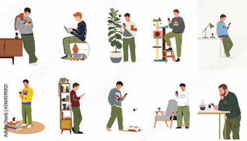 A collection of flat vector illustrations depicting young men using smartphones and tablets in various domestic settings.