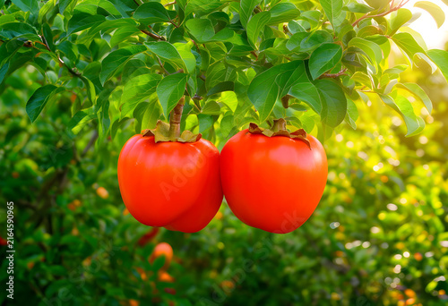 Healthy eating and fresh fruit concept, two ripe persimmons hanging on a tree branch with green leaves in sunlight