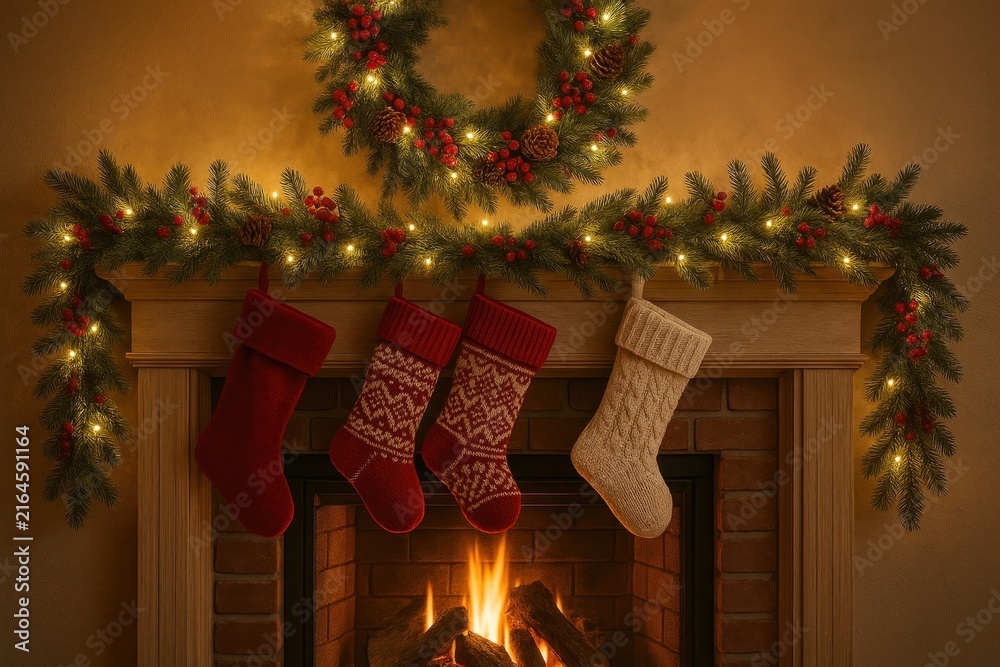 Naklejka premium Cozy festive fireplace with stockings.
