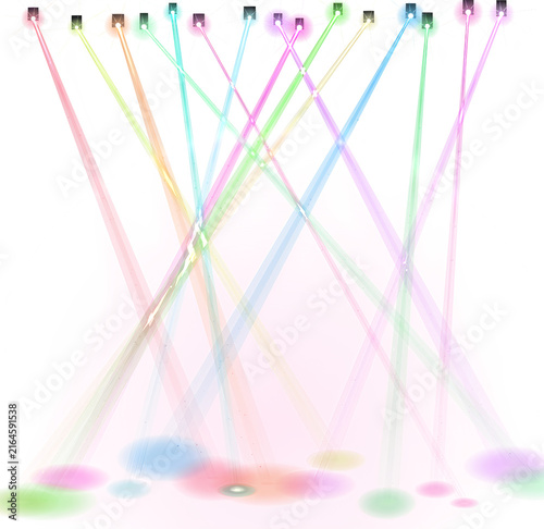 Colorful stage spotlights shining down on a white floor with vibrant light beams