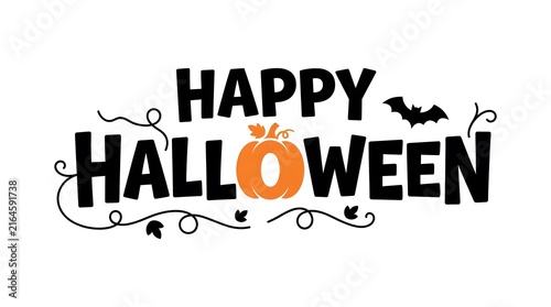 Happy halloween text design with a cute orange pumpkin and flying bat on a white background