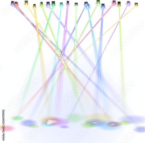 Colorful stage spotlights shining down on a white floor with vibrant light beams