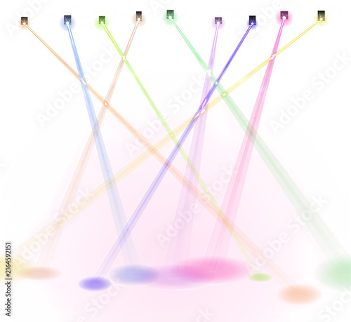 Colorful stage spotlights shining down on a white floor with vibrant light beams