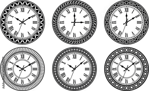 Vintage Clock Face Vector Set with Roman Numerals and Ornate Antique Borders for Pocket Watch Designs Layouts and Graphic Illustrations